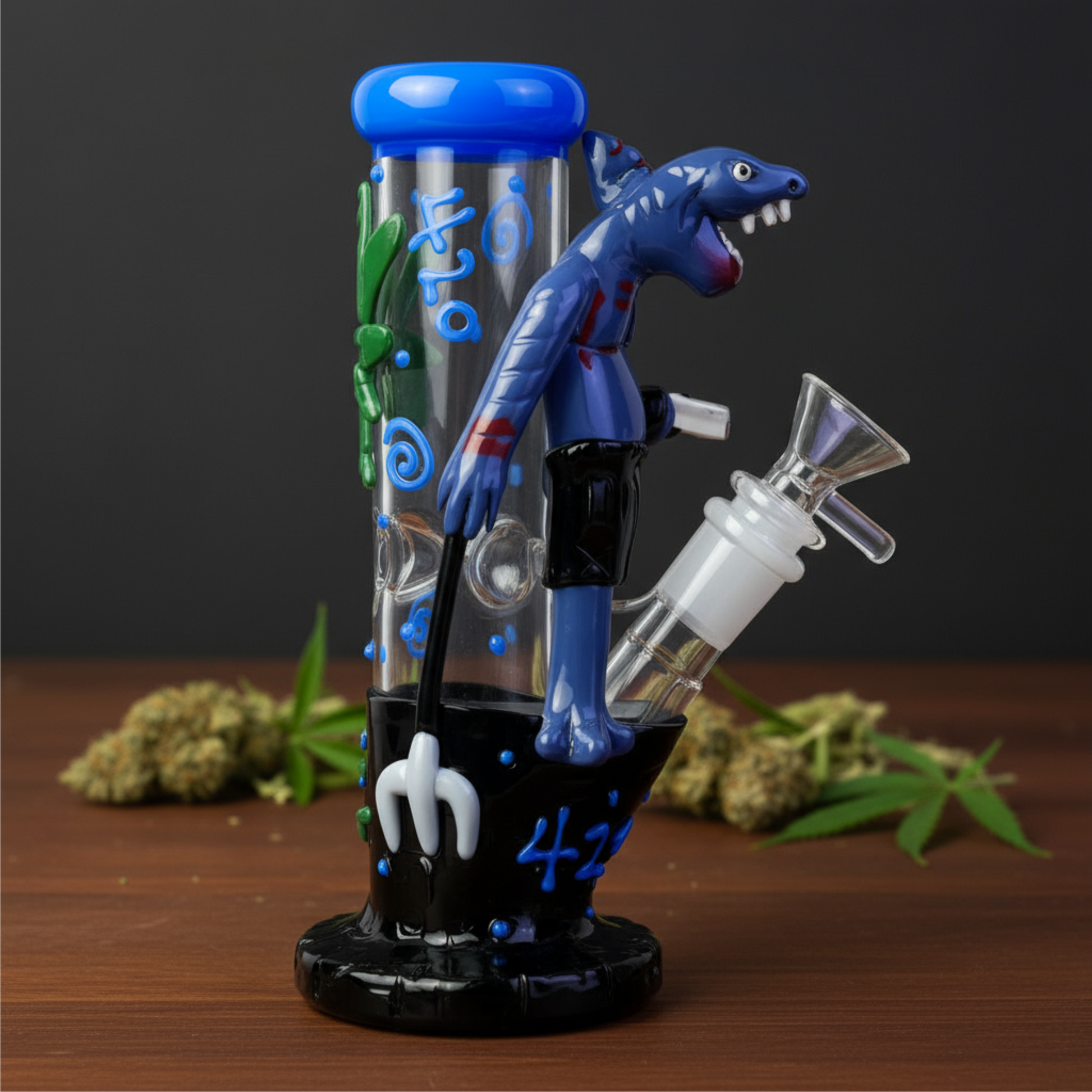 8" DinoMan 420 Water Pipe - Glow In The Dark